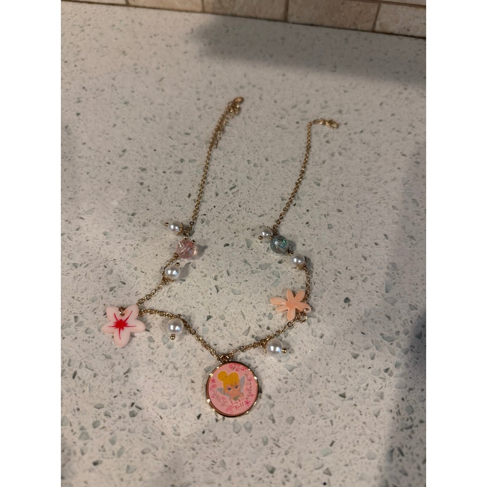Disney Tinker Bell Gold-Tone Charm Necklace with Floral Faux Pearl Pendant